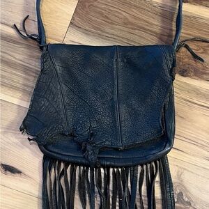 Black leather raw hem Fringe tassels Shoulder Bag biker boho distressed